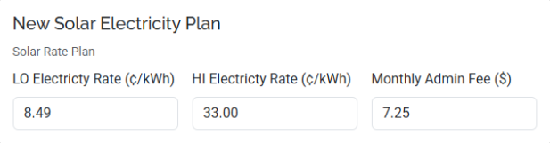 New Solar Electricity Plan inputs showing low and high electricity rates and monthly admin fee fields.